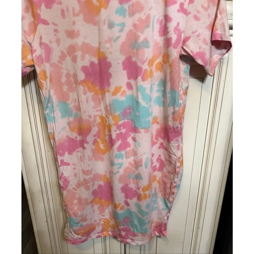 H&M Kids Crew Neck Tie Dye Venice Print T-shirt Dress Pink Multi Size 6-8Y NWOT